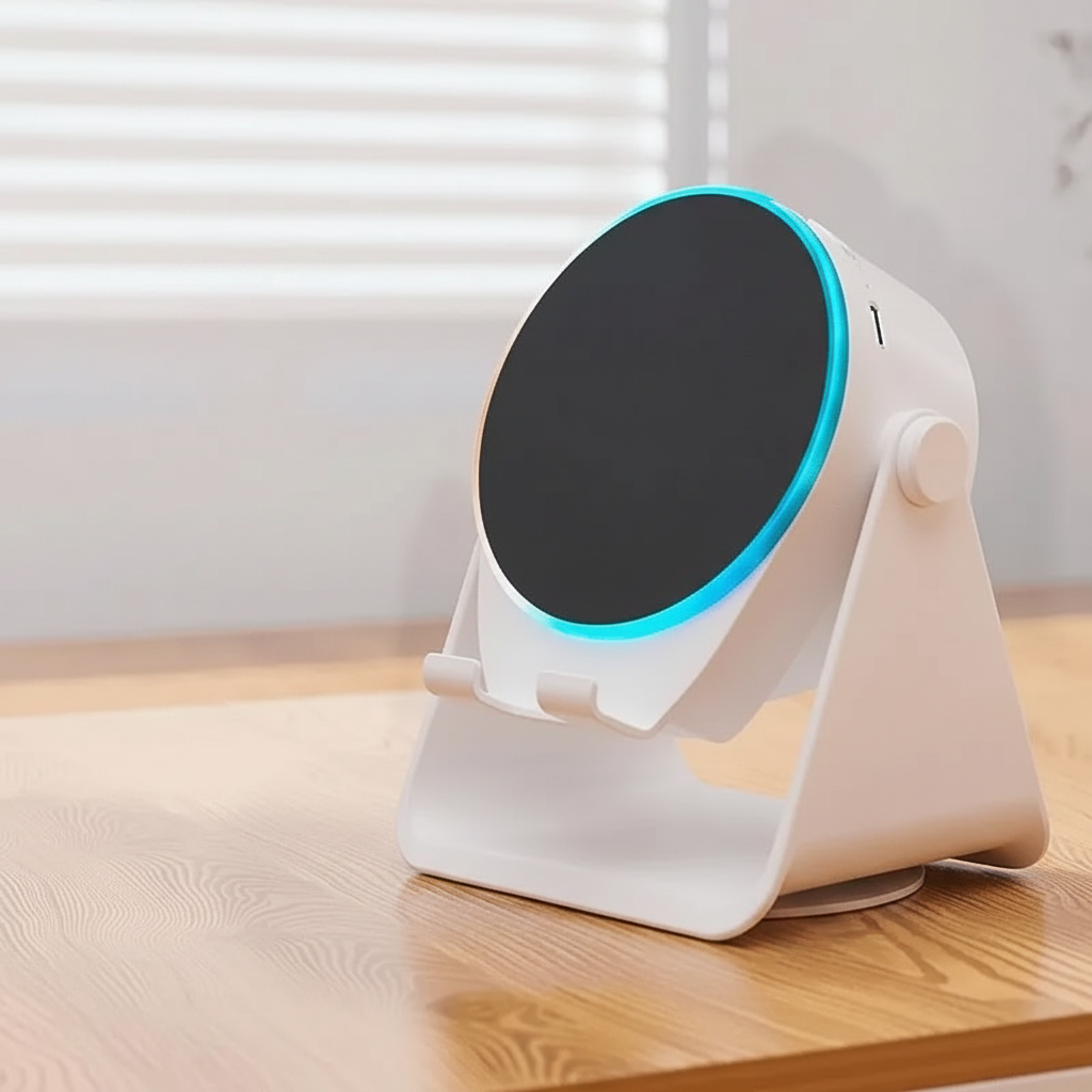 A modern white electronic device with a circular black face, surrounded by a glowing cyan ring, sitting on a light wooden table in a bright indoor setting.