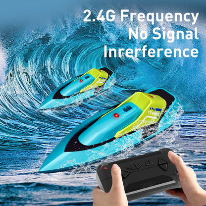 Two S5 RC boats racing on water with 2.4GHz remote controller, no signal interference
