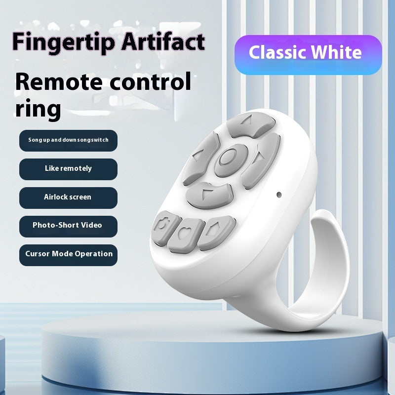 White remote control ring with buttons on a light blue background