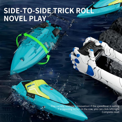 S5 RC boat demonstrating side-to-side capsize recovery trick roll function
