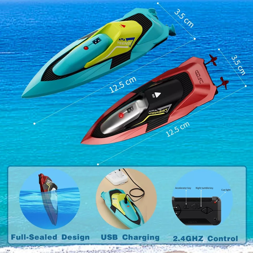 S5 RC boat size dimensions showing 12.5cm length, USB charging and 2.4GHz remote control
