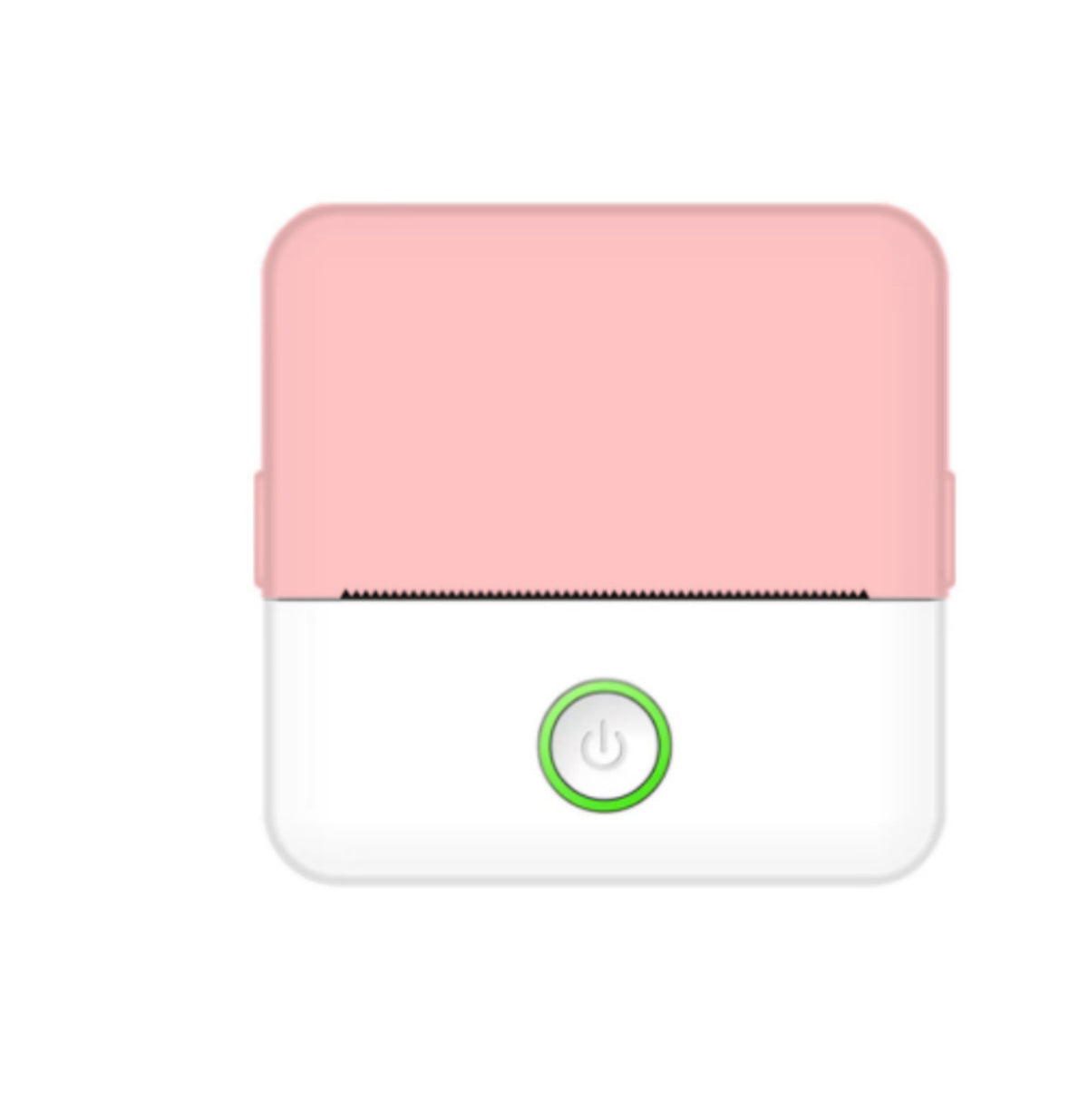 Small electronic device with a pink top and white bottom on a white background