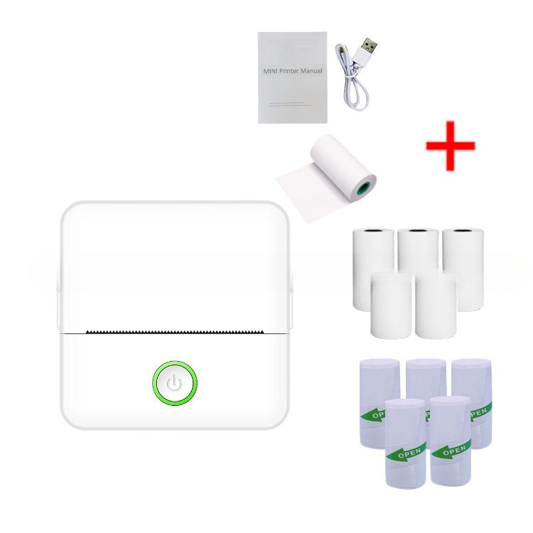 Mini printer with packaging, manual, and rolls of paper on a white background