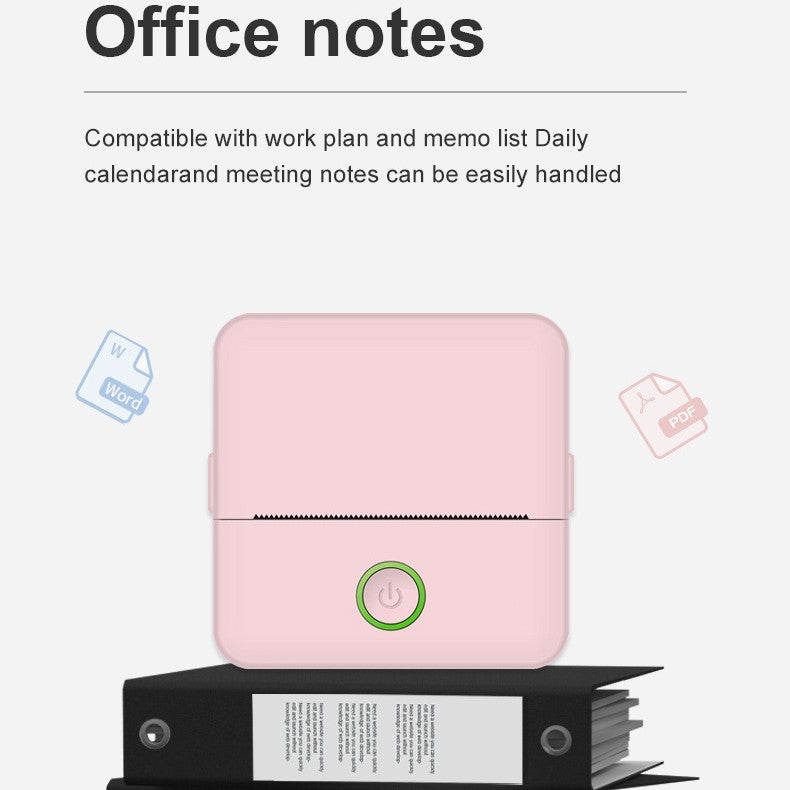 Pink office notes device with text about compatibility with work plans and calendars on a white background
