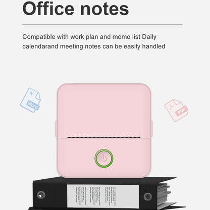Pink office notes device with text about compatibility with work plans and calendars on a white background