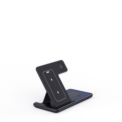 A black magnetic wireless charging stand with a foldable phone holder, shown empty on a clean white background.