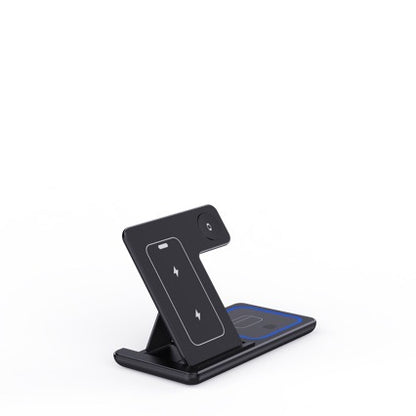 A black magnetic wireless charging stand with a foldable phone holder, shown empty on a clean white background.