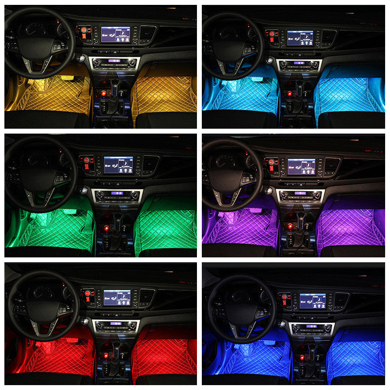 Collage of a car interior with LED floor lights in various colors.