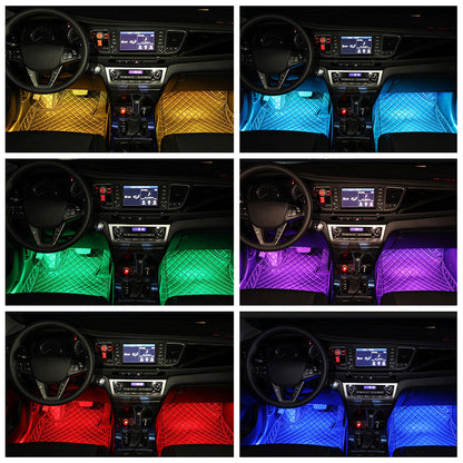 Collage of a car interior with LED floor lights in various colors.