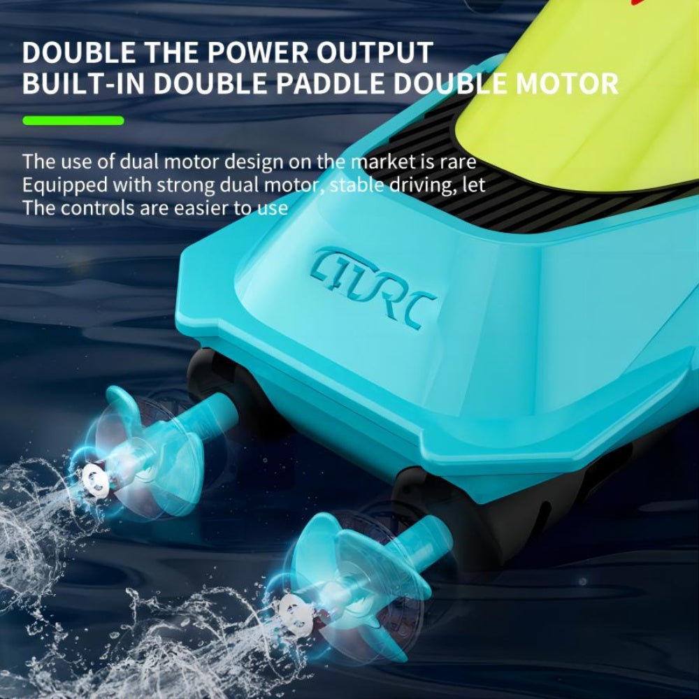 Close-up of S5 RC boat dual motor twin propeller system
