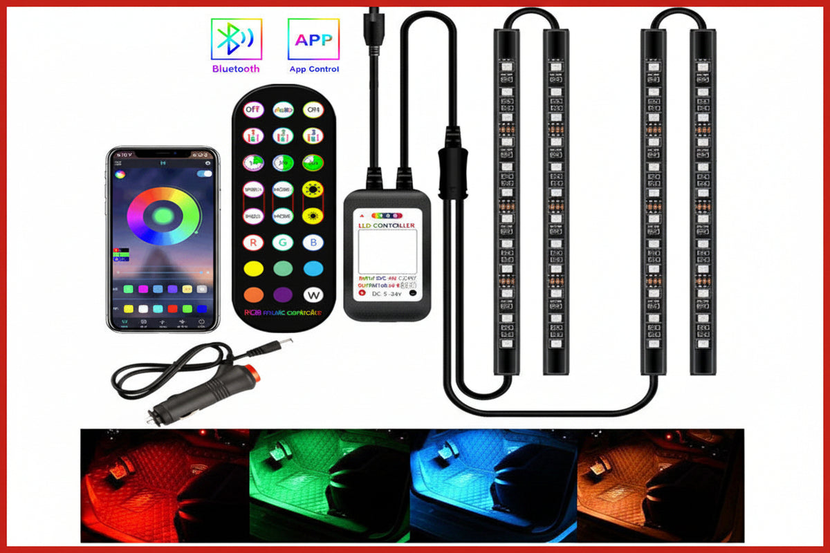 RGB LED strip lights with remote control, smartphone app, and Bluetooth connectivity.