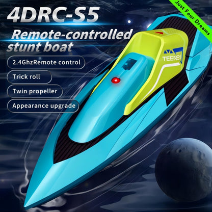 S5 remote control stunt boat with twin propeller and trick roll feature, teal and yellow design
