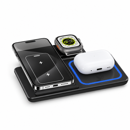 A black multi-device wireless charging pad on a white background, shown with a smartphone, smartwatch, and white earbud case plugged in. The charging pad has a blue LED light outline.
