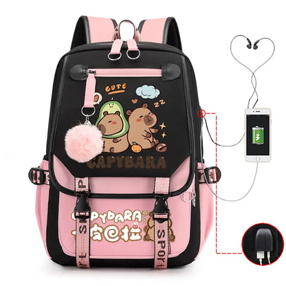Capybara Backpack for Women & Teens | Large Capacity USB Charging School Bag
