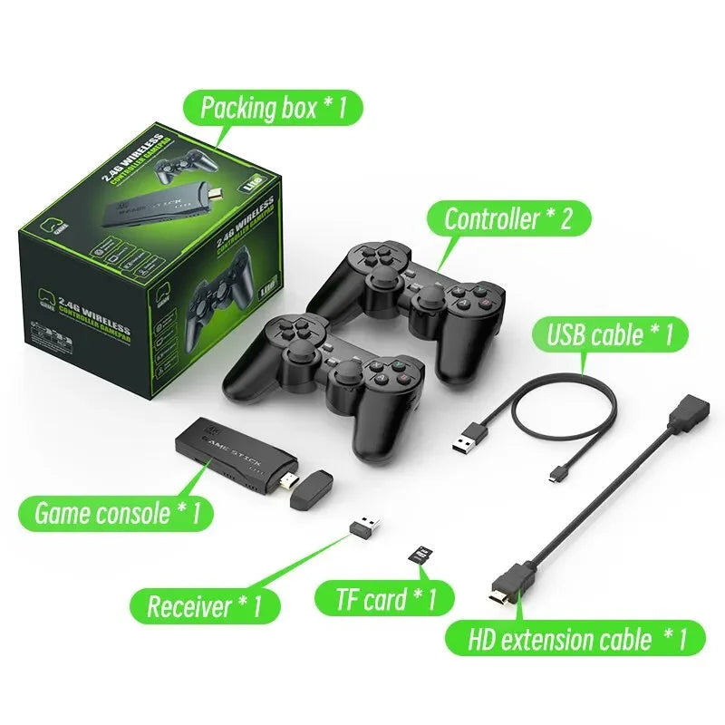 Gaming console set with controllers, box, and accessories on a white background