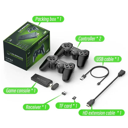 Gaming console set with controllers, box, and accessories on a white background