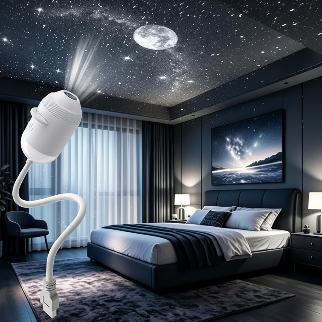A white portable projector lamp shown in a modern bedroom setting, projecting a starry night sky and moon onto the ceiling. , Perfect for Romantic Scenes!'.