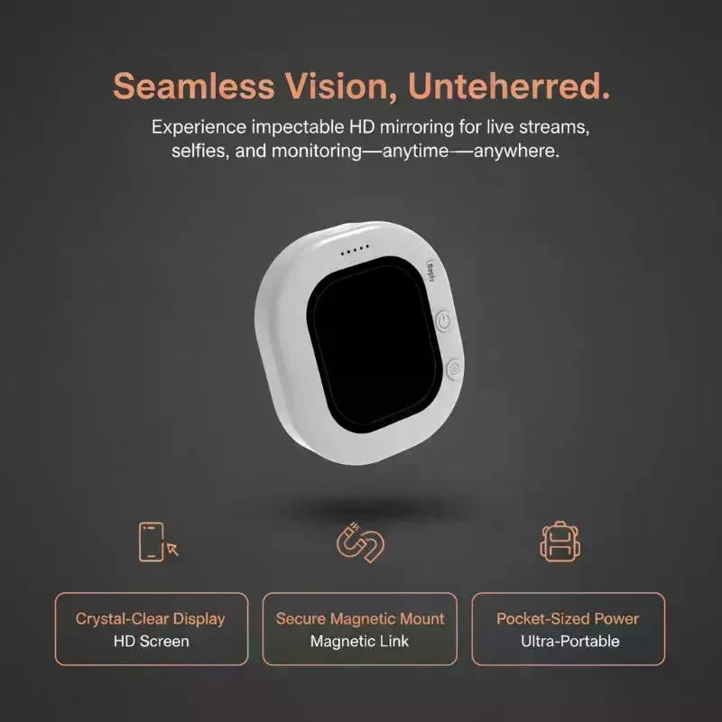 A white oval-shaped portable mirror with a black screen, shown floating on a dark gray background with promotional text and feature icons below.