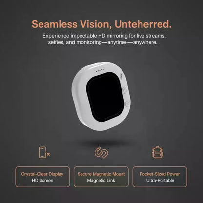 A white oval-shaped portable mirror with a black screen, shown floating on a dark gray background with promotional text and feature icons below.