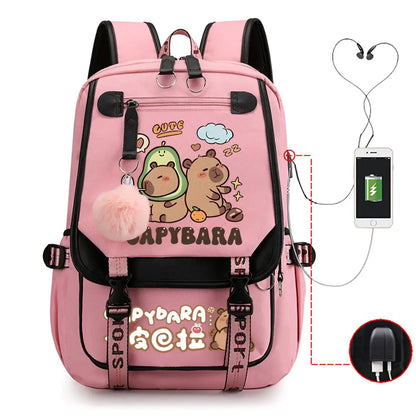 Capybara Backpack for Women & Teens | Large Capacity USB Charging School Bag