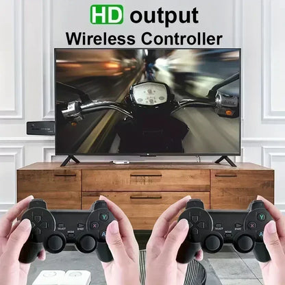 Two hands holding gaming controllers in front of a TV displaying a motorcycle game, with 'HD output Wireless Controller' text above.