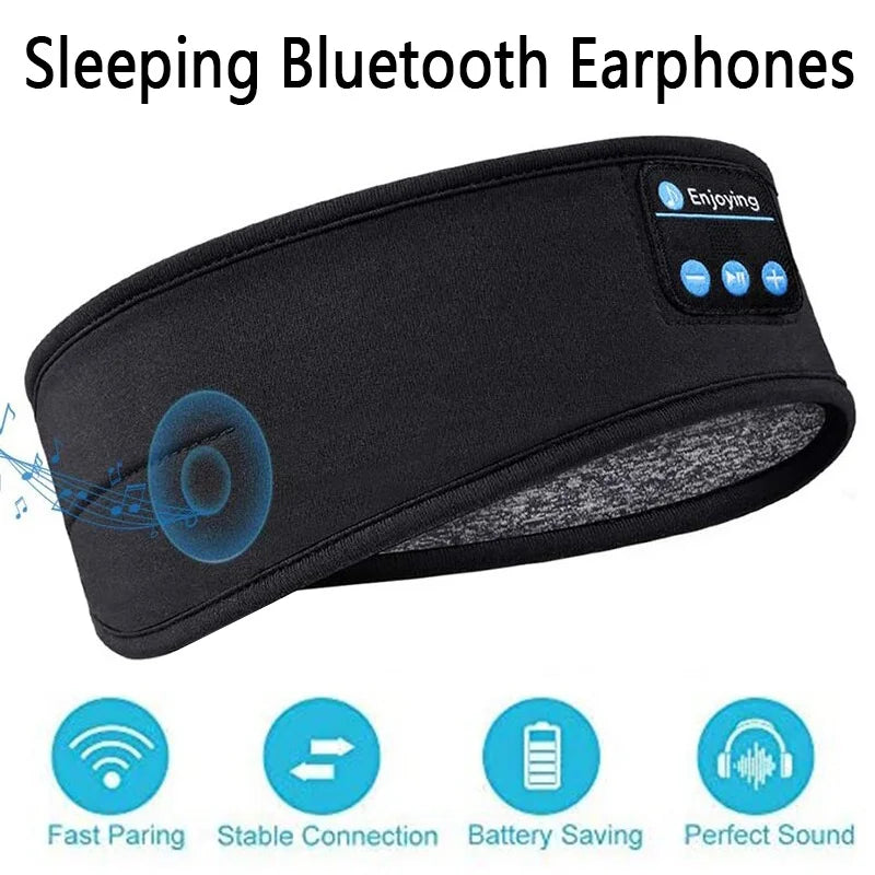 Black Bluetooth sleep headband earphones with a control panel and blue graphic accents, shown on a white background with feature icons and the text 'Sleeping Bluetooth Earphones' and 'Enjoying'.
