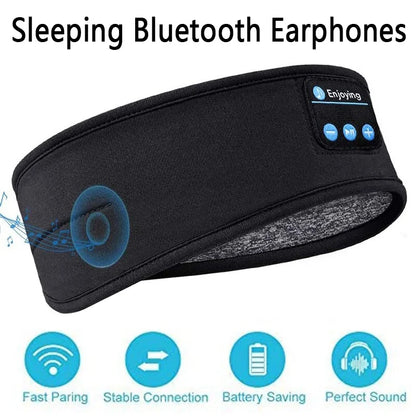 Black Bluetooth sleep headband earphones with a control panel and blue graphic accents, shown on a white background with feature icons and the text 'Sleeping Bluetooth Earphones' and 'Enjoying'.