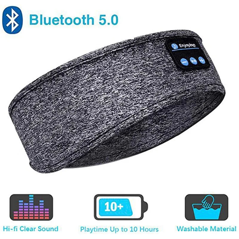 Gray Bluetooth headband with control panel and features on a white background