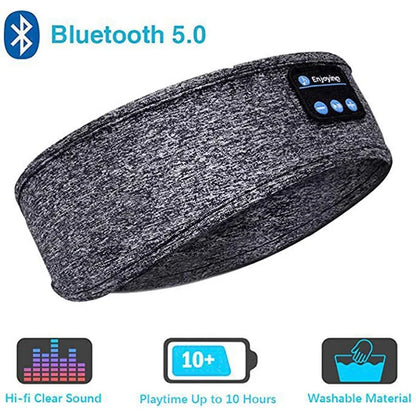 Gray Bluetooth headband with control panel and features on a white background