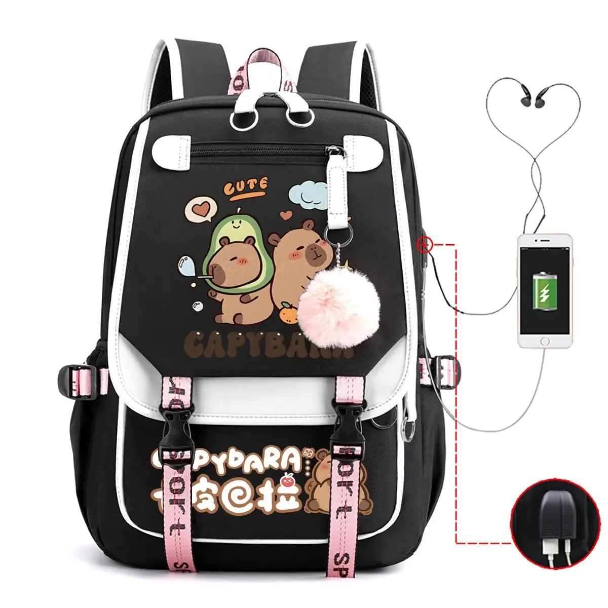 Capybara Backpack for Women & Teens | Large Capacity USB Charging School Bag