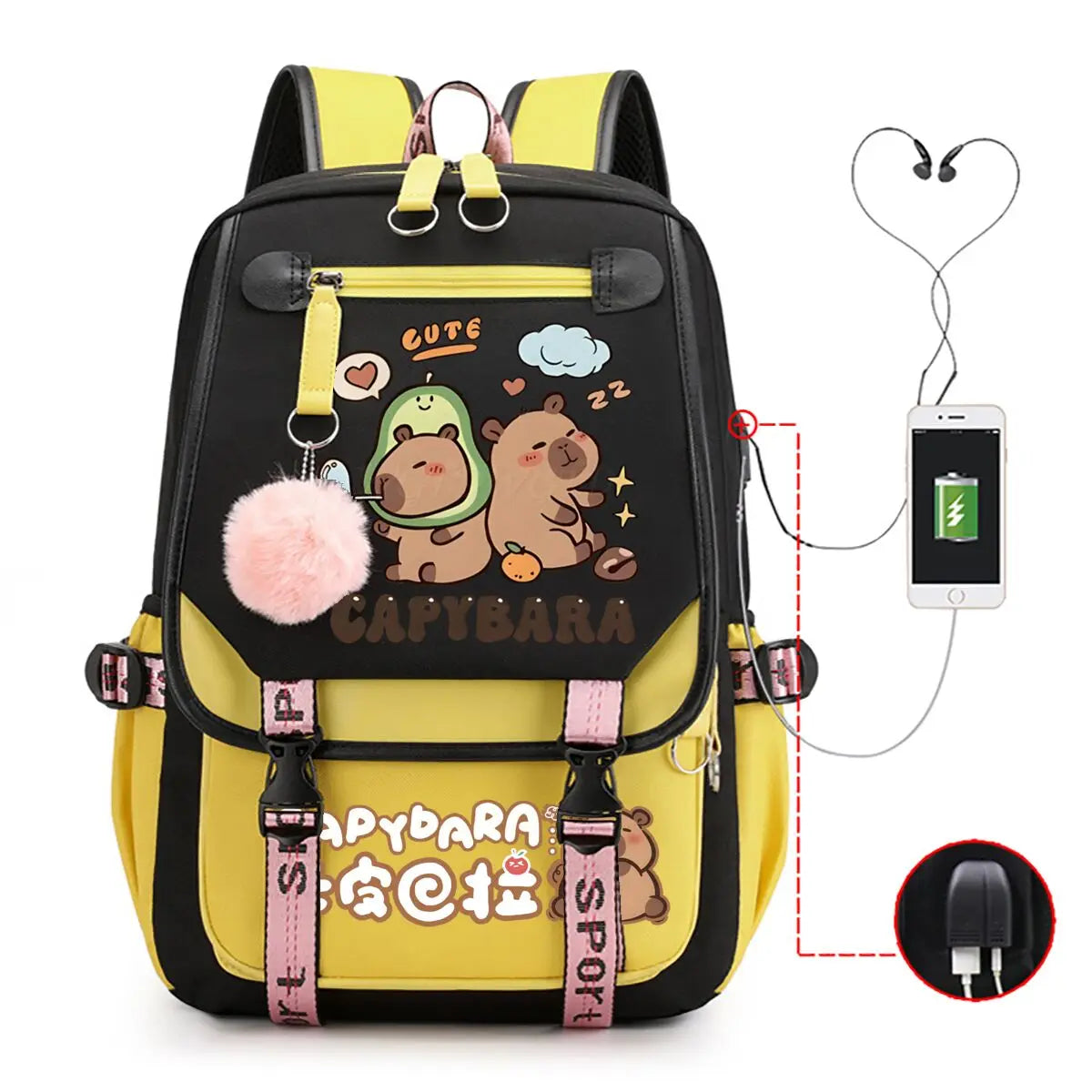 Capybara Backpack for Women & Teens | Large Capacity USB Charging School Bag