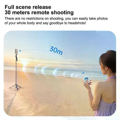 "A person using a magnetic wireless phone screen projector outdoors to preview their rear camera for selfies and vlogging."
