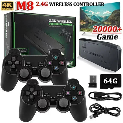 GameStick M8 2.4G wireless controller set with packaging, controllers, and accessories on a white background.
