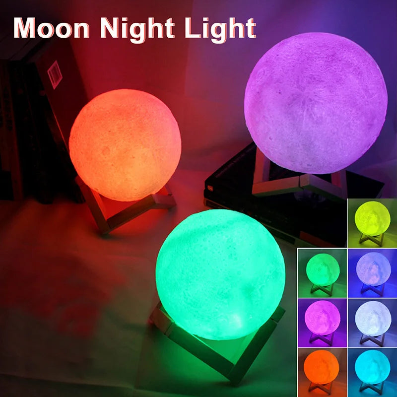 Three spherical moon night lights on wooden stands, shown glowing in orange, green, and purple, with a color-changing inset grid in the bottom right corner and the text 'Moon Night Light' at the top left.