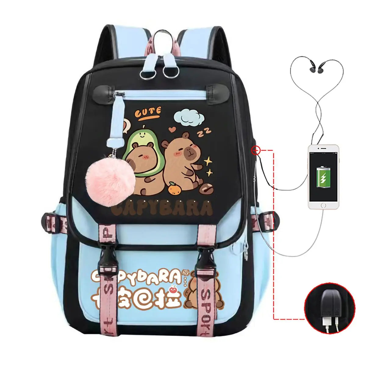 Capybara Backpack for Women & Teens | Large Capacity USB Charging School Bag