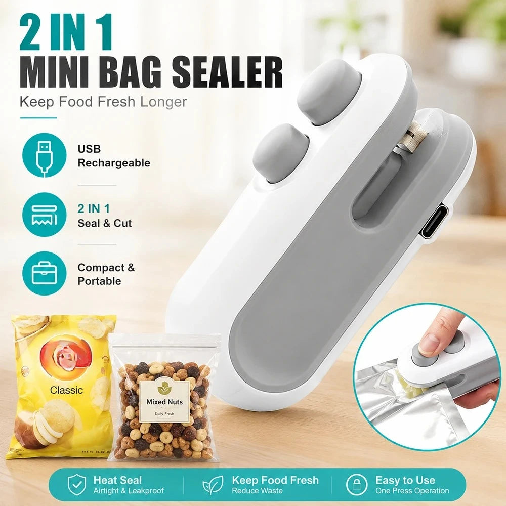 USB Rechargeable Mini Bag Sealer | 2-in-1 Heat Sealer & Bag Cutter