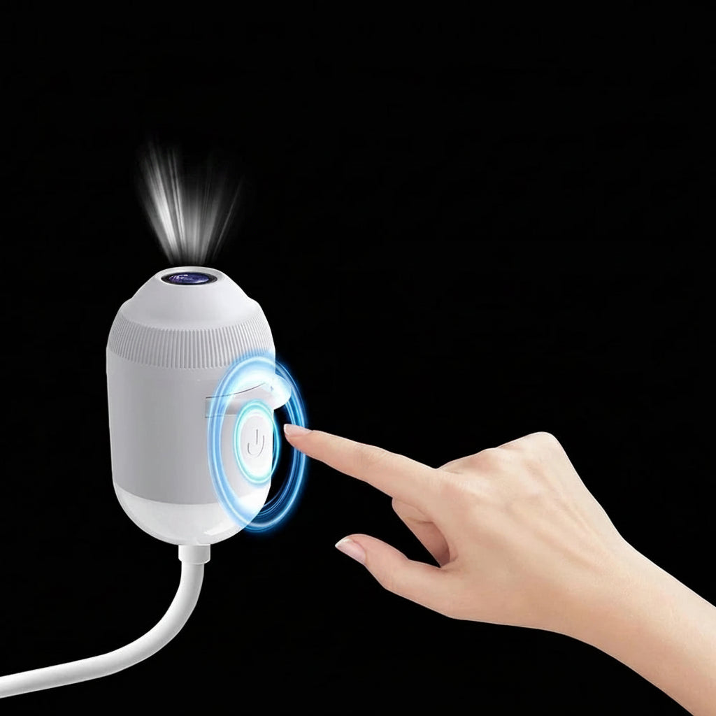 A white cylindrical touch control night light projector on a black background,  plus a hand pointing at the touch-sensitive button.