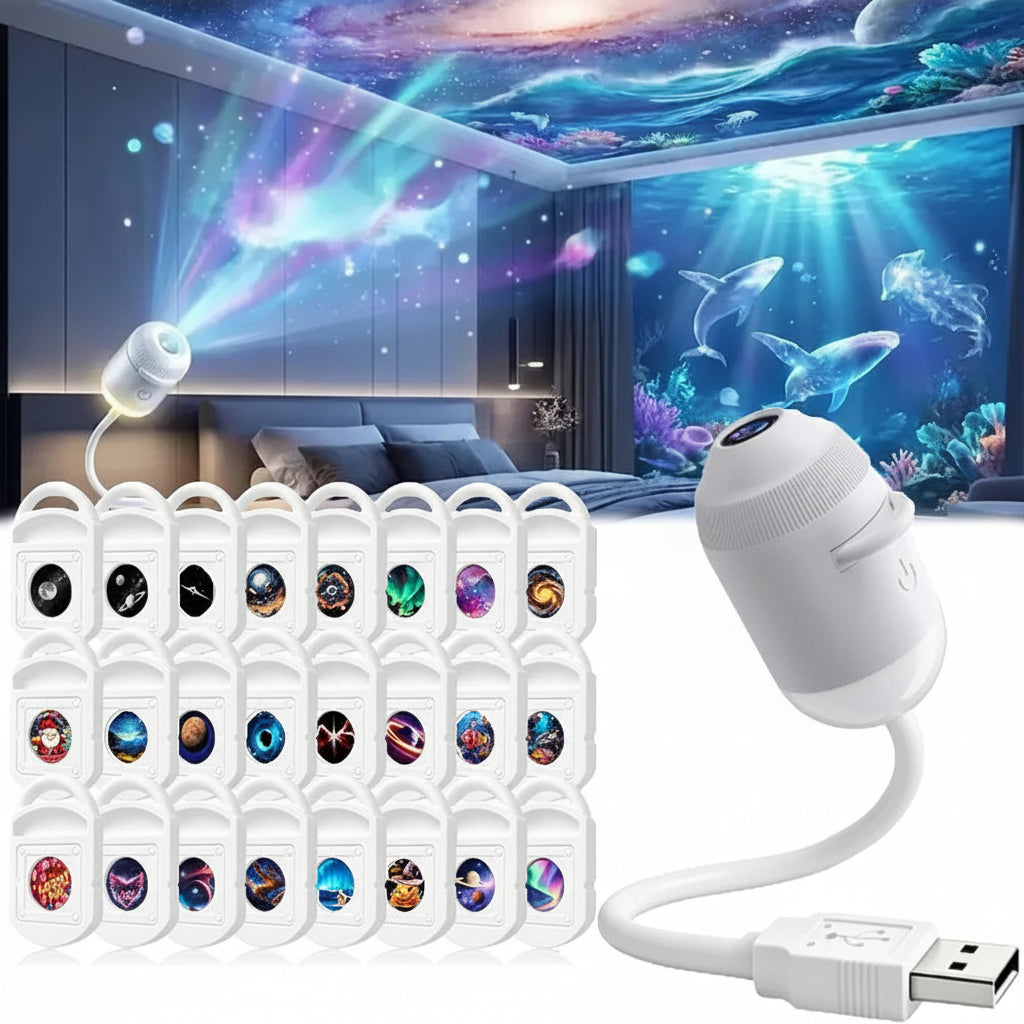 A USB-connected projector lamp shown with a white USB plug and a row of small round color-changing sticker presets. The background is a bedroom scene with the lamp projecting colorful starry light beams and an underwater aquarium scene onto the ceiling and wall.