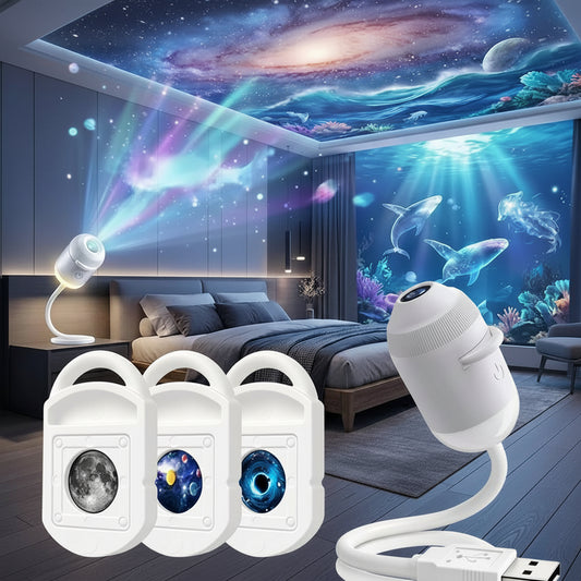 White USB wall-mounted projector lamp shown with three sample projected images: moon, galaxy, and eye, alongside a bedroom scene demonstrating the lamp casting colorful light across the ceiling and wall.