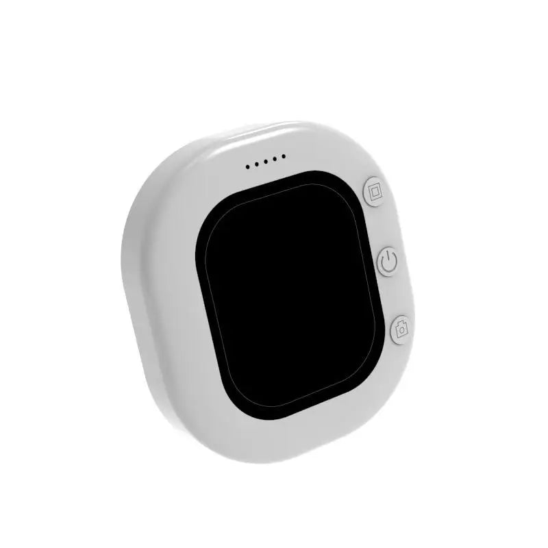 Round electronic device with a black screen on a white background