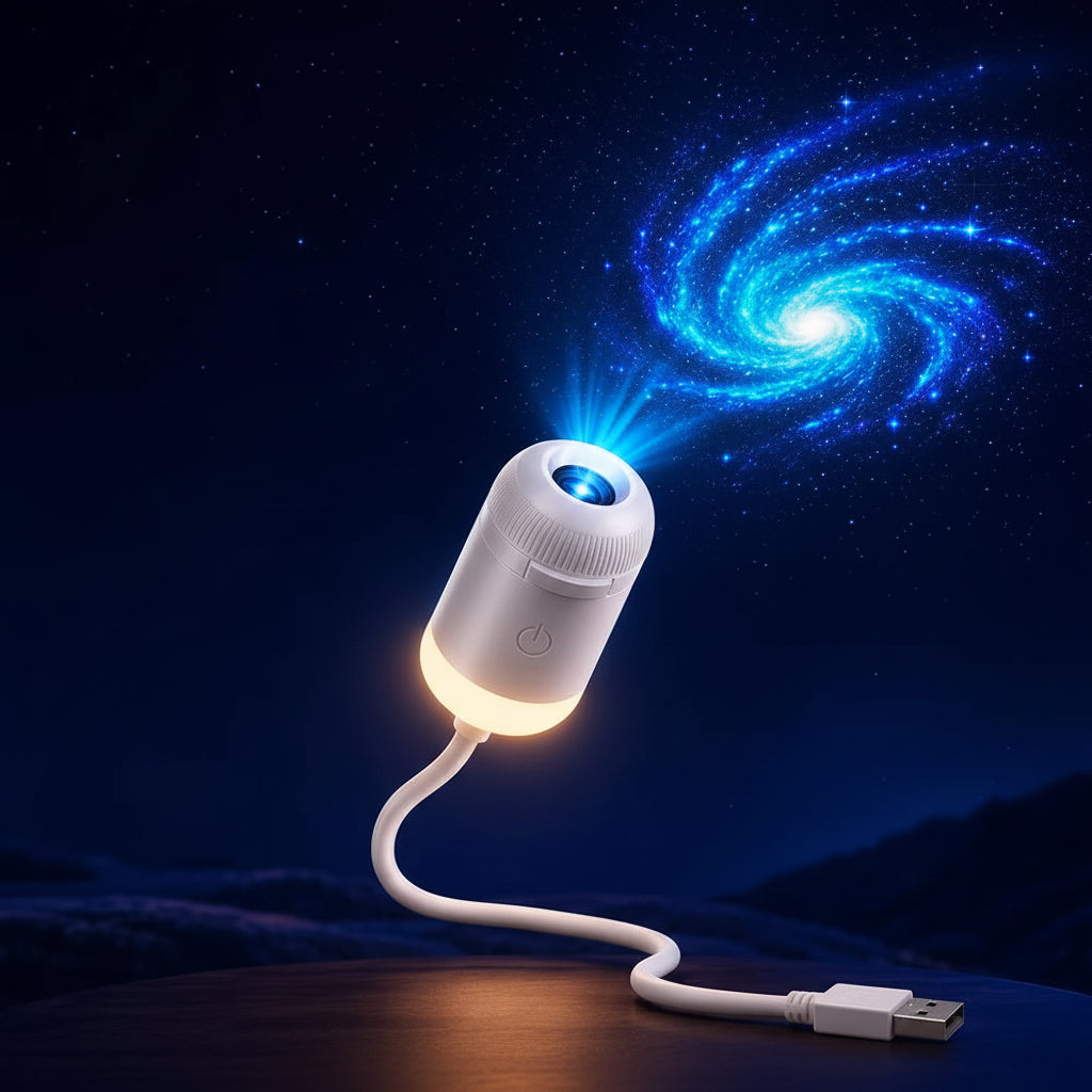 A USB-powered portable projector lamp shown on a dark galaxy-themed background. The main device is white with a glowing light beam projecting a galaxy scene.