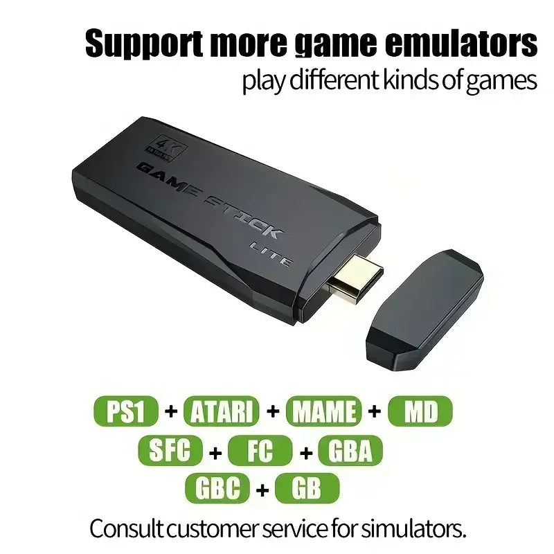 Black game emulator stick with compatibility logos on a white background
