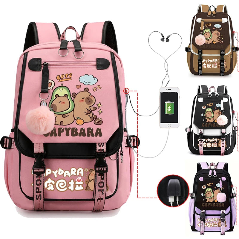 Capybara Backpack for Women & Teens | Large Capacity USB Charging School Bag