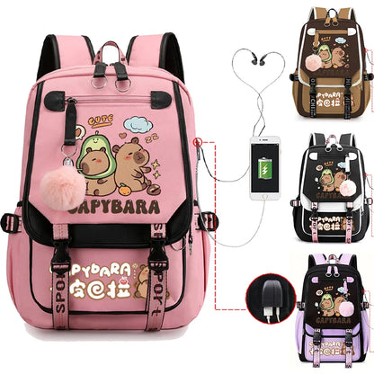 Capybara Backpack for Women & Teens | Large Capacity USB Charging School Bag