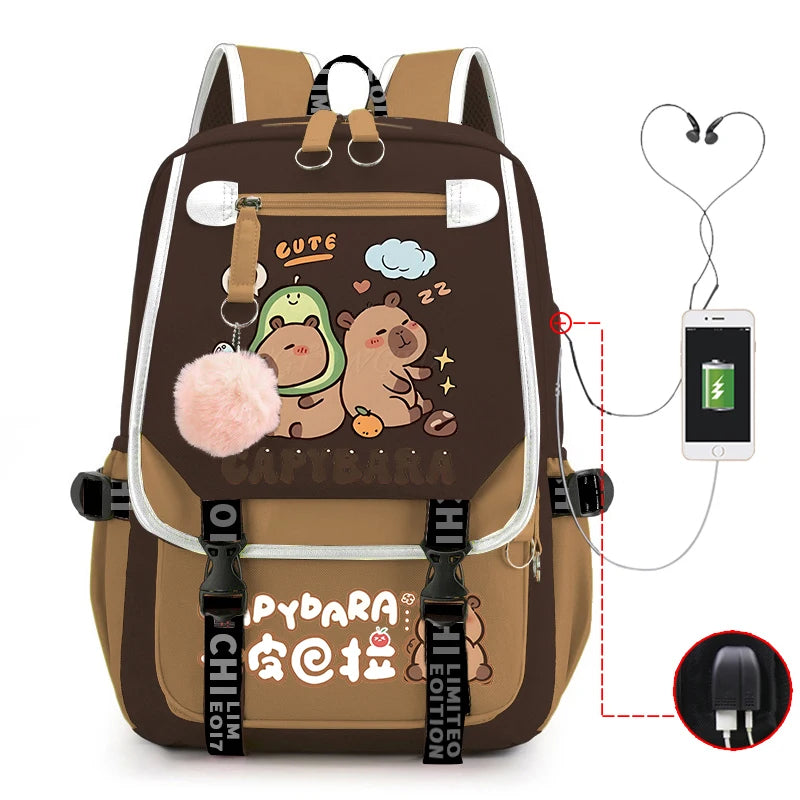 Capybara Backpack for Women & Teens | Large Capacity USB Charging School Bag