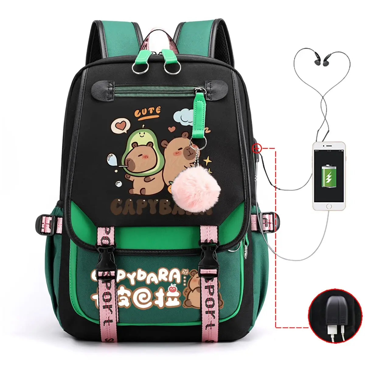 Capybara Backpack for Women & Teens | Large Capacity USB Charging School Bag