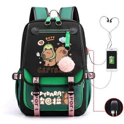 Capybara Backpack for Women & Teens | Large Capacity USB Charging School Bag
