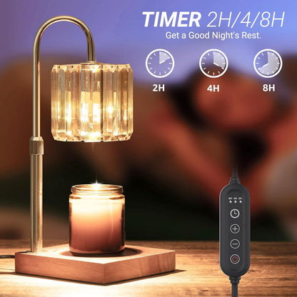 Decorative lamp with candle and timer control on a wooden surface