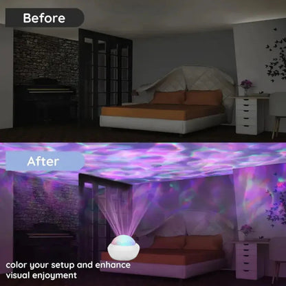 Aurora galaxy projector in a bedroom , before and after images.