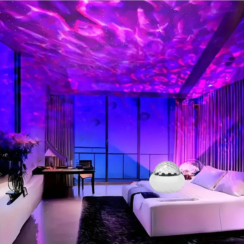 Aurora galaxy projector in a bedroom.